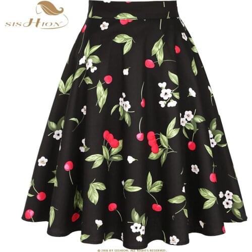 SISHION Y2K Black Cherry Floral Print Vintage Skirt VD0020 Jupe Femme High Waist A Line Swing 50s 60s Retro Women Summer Skirts