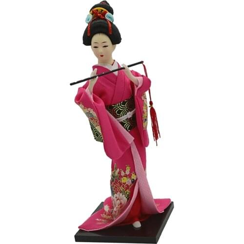 Traditional Japanese Standing Geisha Doll Model Decor Wearing Rose Red Clothes & Flute