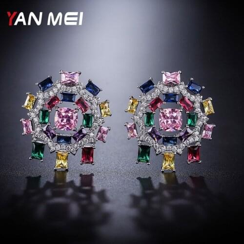 YANMEI Crystal Gorgeous Sumptuo Multicolor Stud Earrings For Women Square And Circle Bohemia Earring Jewelry Accessoires YM7350