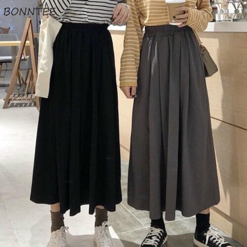 Skirts Women Black Mid-calf Skirt High Elastic Waist Oversize Simple Daily Casual Harajuku Student All-match Cotton Chic Sweet
