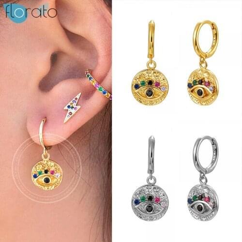 925 Silver Ear Buckle Evil Eye Drop Hoop Earrings for Women Rainbow Crystal Lucky Eye Earrings Fashion Females Jewelry Gift