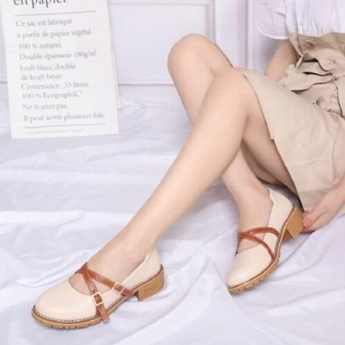 2019 New Spring Summer Korean Style Mary Janes Women Leather Shoes Retro Joker Cross Band Buckle Shallow Pumps Thick Heels