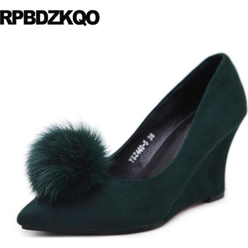 Size 33 Wedge Suede Medium Pointed Toe Sweet Wine Red Green Pom Poms Pumps 2017 Women Shoes China Autumn New Spring Chinese