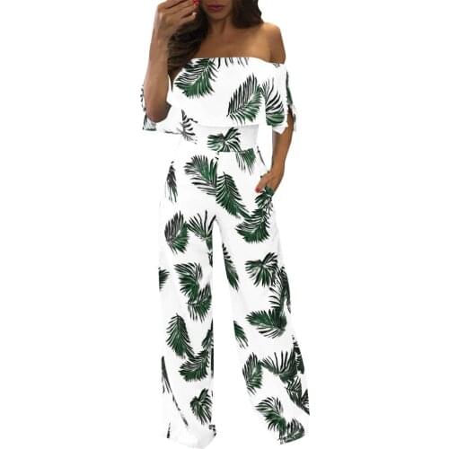 New Summer Sexy Women Jumpsuit Women Off Shoulder Print Loose Beach Jumpsuits 2019 New Ruffle Half Sleeve Elegant Jumpsuit