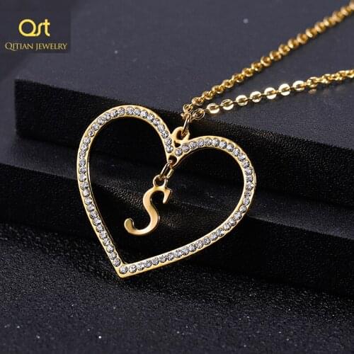 QITIAN Romantic Gold Color Love Heart Crystal Pendant Letter Name Necklace Charm Women 26 Capital Letters Choker Jewelry