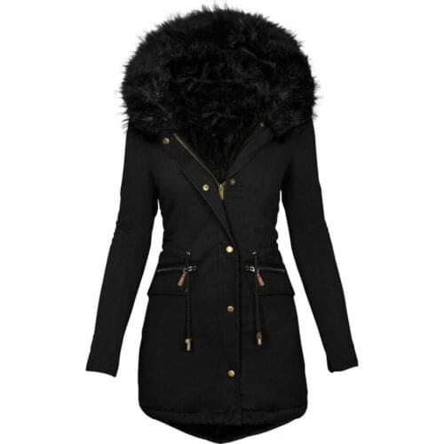 Women Winter Long Sleeve Faux Fur Hood Mid-length Warm Coat Parka Snow Outerwear