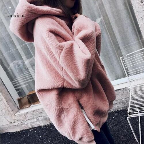 Winter Faux Fur Jacket side zipper split sweatshirt women Warm Velvet Hooded Hoodies Cap Hoody Outwear loose fur coat pullovers