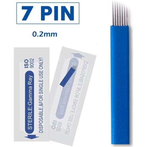 100 PCS Blue Microblading 7 Pin Tattoo Embroidery Needles Permanent Makeup Blade For 3D Eyebrow Manual Tattoo Pen