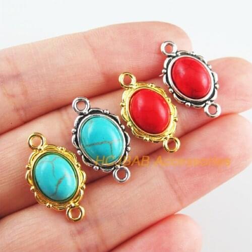 20Pcs Retro Gold Color Tibetan Silver Tone Oval Flower Blue&Red Stone Charms Connectors 12x21mm