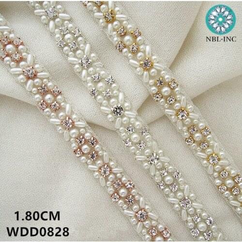 5 yards )Wholesale bridal beaded sewing rhinestone pearl applique trim iron on for wedding dresses belt WDD0828