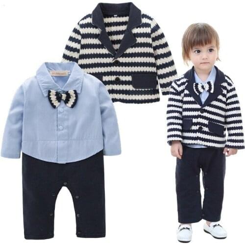 British Gentleman Baby Boy Clothes Striped Coat+ Shirt Rompers Clothing Set Button Necktie Suit Newborn Wedding 2 Pieces Spring