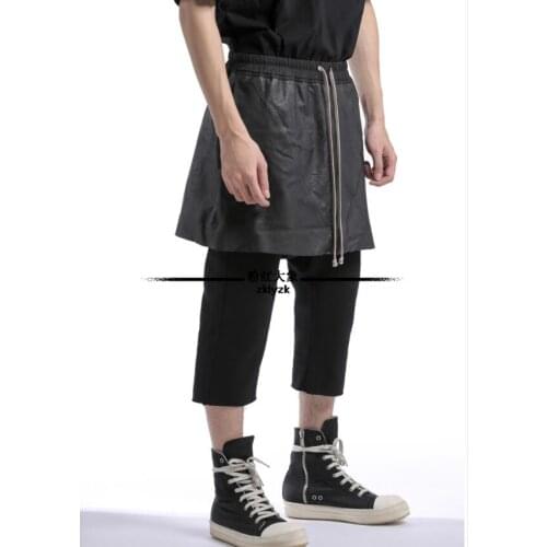 28-46 New Splice Leather Skirt Casual Harem Pants Tide Men Original Cropped Pants Hairstylist Personality Elastic Waist Trousers