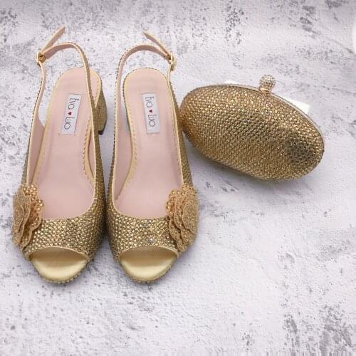 BS1305 Custom Made Dress Sandal Women Shoes Bridal Wedding Gold Flower Crystal Shoes With Matching Bag Set