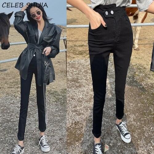 SHIJIA Black Skinny Jeans Woman Elastic Denim Bottom Double Button High Waist Pencil Pants Female Korean Chic Summer Jeans Mom