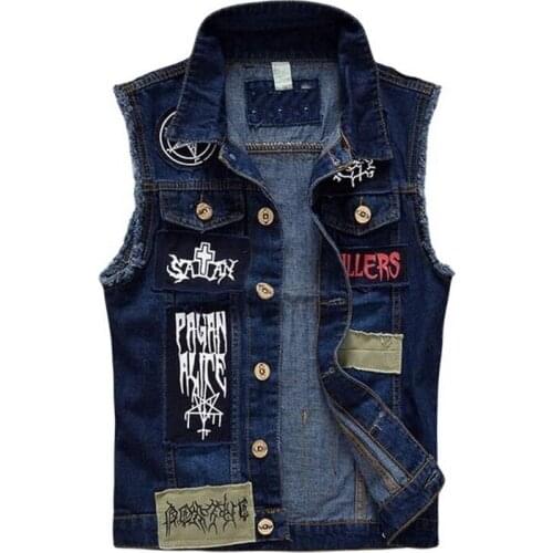 Men Denim Waistcoat Ripped Vests Men Design Denim Patch Graffiti Hole Waistcoat Man Cowboy Punk Vest
