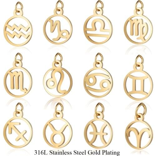 Fnixtar 12pcs/lot 11*16mm Stainless Steel 12 Signs Zodiac Metal Charms for Women Jewelry Gold Color Zodiac Mini Charms Pendant