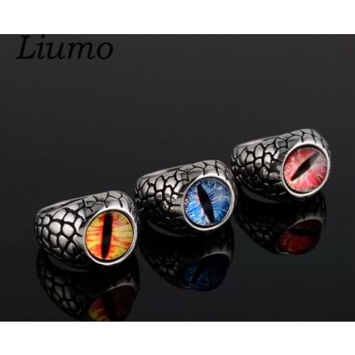 Liumo Fashion Punk Style Devil Eye with Blue Yellow Red Crystal 316L Stainless Steel Men Biker Ring Lr921