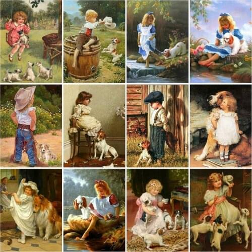 Huacan Diamond Mosaic Set For Embroidery Cross Girl Dog 5D Diamond Painting Full Square Portrait Handicraft Creative Hobbies