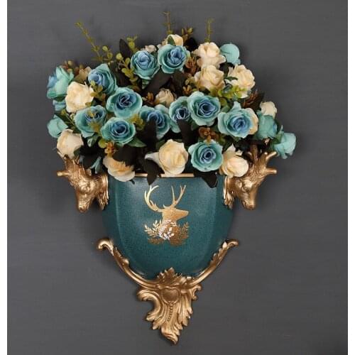 New Chinese Deer Head Resin Wall Vase+Artificial Flower Set Decor Hotel Office Wall Sticker Art Home Livingroom Figurines Crafts