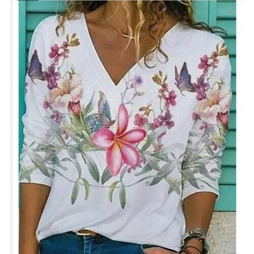 Summer New Boho Flower Blouses Womens Fashion Shirt V-Neck 3/4 Sleeve Flower Print Shirt Tops Casual Loose Ladies Floral Blouse