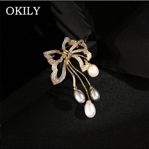 OKILY Luxurious Natural Freshwater Pearl Brooches Sparkly Bowknot Brooch Pin AAA Zirconia Brooch Jewellery Accessories