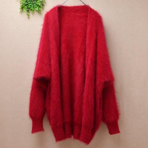 Casual fashion ladies women red hairy mink cashmere long batwing sleeves loose oversized cardigans mantle angora rabbit fur coat