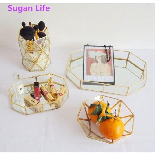 Retro Brass Storage Tray Golden Polygon Glass Makeup Organizer Tray Dessert Snack Plate Jewelry Display Stand Home Kitchen Decor
