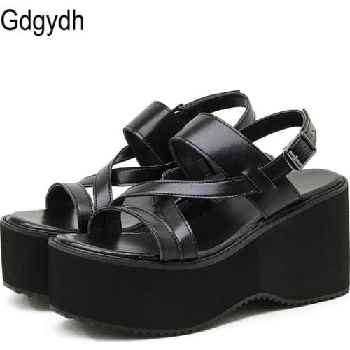 Gdgydh Platform Heels Rome Peep Toe Buckle Strap Leisure Beach Vacation Summer Shoes Women Comfortable Sandals Gladiator Black