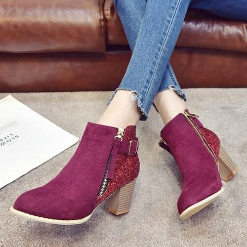 Chic Ankle Boots Female Block Mid Heels Casual Shoes 2019 Retro High Heel Crystal Women Shoes Botas Mujer Booties Plus Size 41