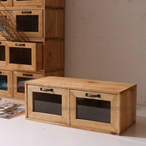 Nordic Drawer Wooden Desktop Storage Box with Glass Door Cosmetic Display Storage Storage Organizing Box