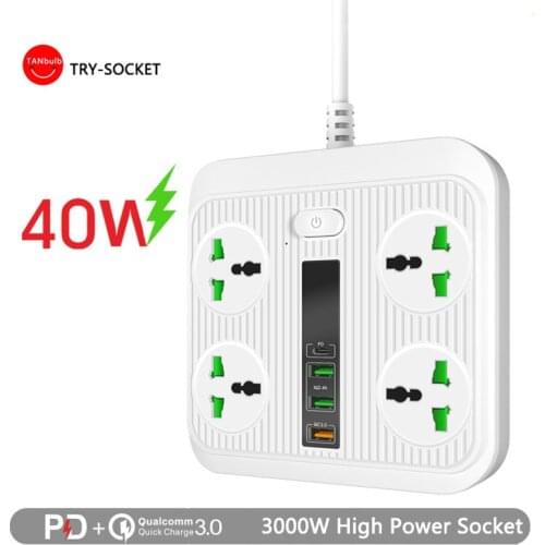 Smart Socket power ON/OFF Type-C PD 40W QC3.0 Power Strip16AC Universal Outlets 3 USB Charger Ports 2M Extension Socket Plug