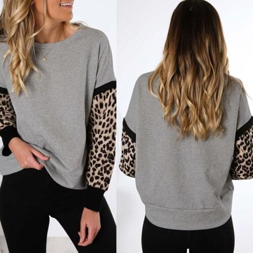 Round Collar Loose Leopard Print Comprehensive Training Sweatshirt Autumn Winter Outdoor Sports Tops Leopard Patchwork Fitness