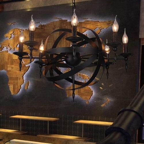 Rustic Retro Vintage Chandelier Coffee Shop Dining room Bedroom E14 candle chandelier Black Round wrought iron chandelier