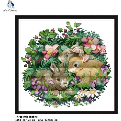 Needlework, DIY Handmade DMC Cross stitch, Sets For Embroidery kits, Three little Rabbits Patterns Counted Printed Cross-Stitch
