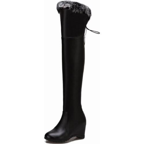 Round Toe Wedges With Rabbit Fur Inner Heightening Boots Fashion Boots Winter Warmth Lace-Up Over-The-Knee Womens Boots