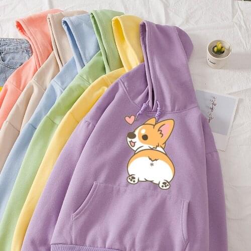 Winter Pullover Women Cotton Kawaii Cartoon Corgi Butt Graphic Hoodies Sweatshirt Casual Harajuku Loose Female Itself Outwear