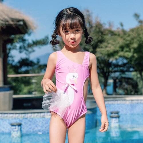 Girls Sleeveless Birdie Swan Three-Dimensional Printing Frilled Beach Swimsuit Beachwear Swimwear One Piece Bathing Suit