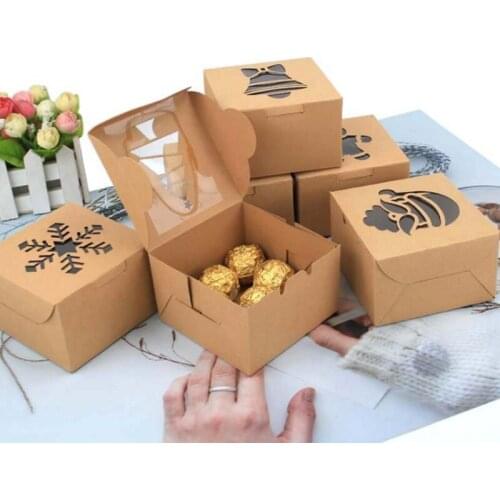 10 Pcs Clear Windowed Xmas Candy Boxes Santa Claus Pattern Kraft Paper Christmas Cake Box Home Handmade Xmas Party Gift Package