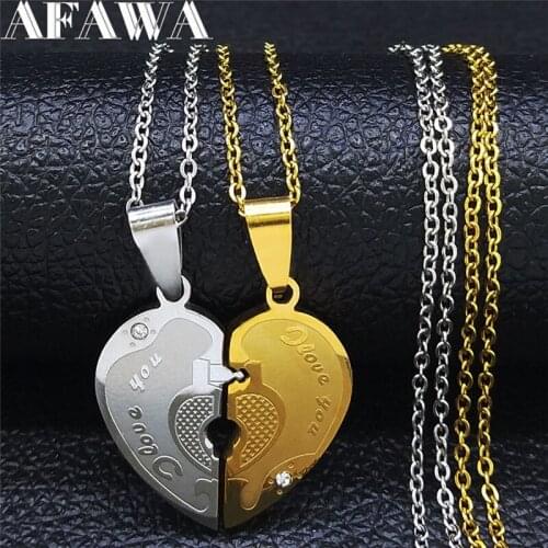 2PCS Love Heart Couple Letters Love Lock Key Stainless Steel Crystal Couple Necklace Gold Silver Color Jewelry collier NXS01