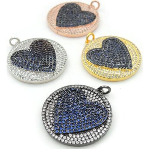 25*25*3mm Micro Pave Clear&Blue CZ Round Of Heart Relief Charms Fit For Men Or Women Making Necklaces Jewelry