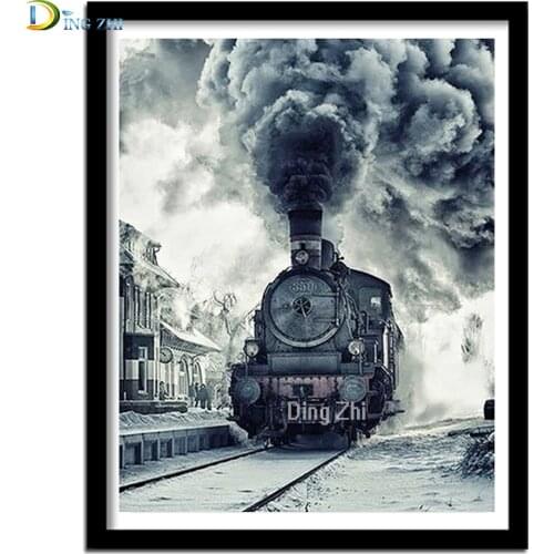 5D DIY Diamond Painting Retro Train Scenery Pictures Black And White Square/Round Drill Mosaic Diamond Embroidery Home Decor