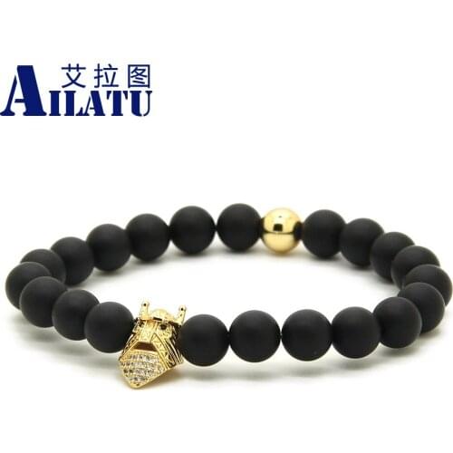 Ailatu 10pcs/lot Black Eye Micro Pave Clear Zircons Sparta Masks Charms Bracelets with 8mm Black Matte Onyx Stone Beads