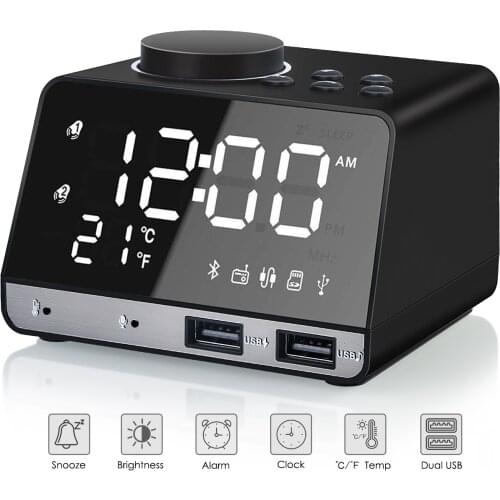 Bluetooth 4.2 Digital Alarm Clock Stereo Speaker Dual USB FM Radio/Mp3 Player/TF