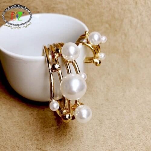 F.J4Z 2020 Trend Bracelet for Women Designer Big Simulated Pearls Cuff Bangle Finger Ring set Ladies Christmas Gifts