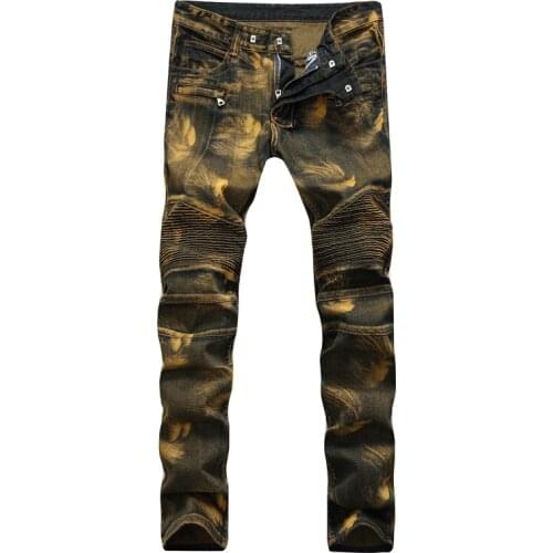 Europe and the United States Fashion Tide Male Locomotive Wrinkle Stretch Slim Jeans Pocket Zipper Pants