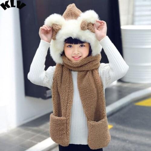 Kids 3 In 1 Warm Plush Winter Hat Cute Bowknot Bear Ears Scarf Gloves Hoodie Cap M89E