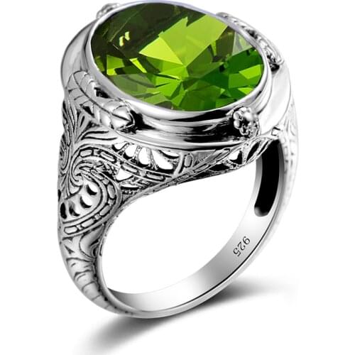 Solid 925 Sterling Silver Rings Created Peridot Carved Flower Men Ring Fine Jewelry Wedding Evening Party Women Cocktail Ring