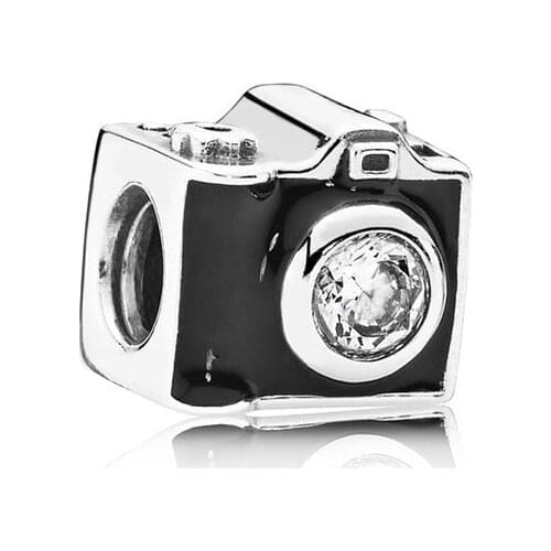 Real 925 Sterling Silver Beads Black Camera Crystal Charms Beads fit Pandora Original Bracelets Women DIY Jewelry