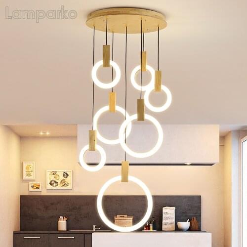 Nordic Wood Chandelier Light LED Modern Acrylic Ring Pendant Hanging Lamp Art Deco Home Light Fixture Stairs Loft Kitchen Island