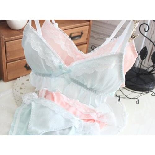2018 New Arrival 100% Real Photos Lolita Sexy Cute Kawaii Chiffon Padded Wireless Seamless Sheer Soft Bustier Bra Panties Set